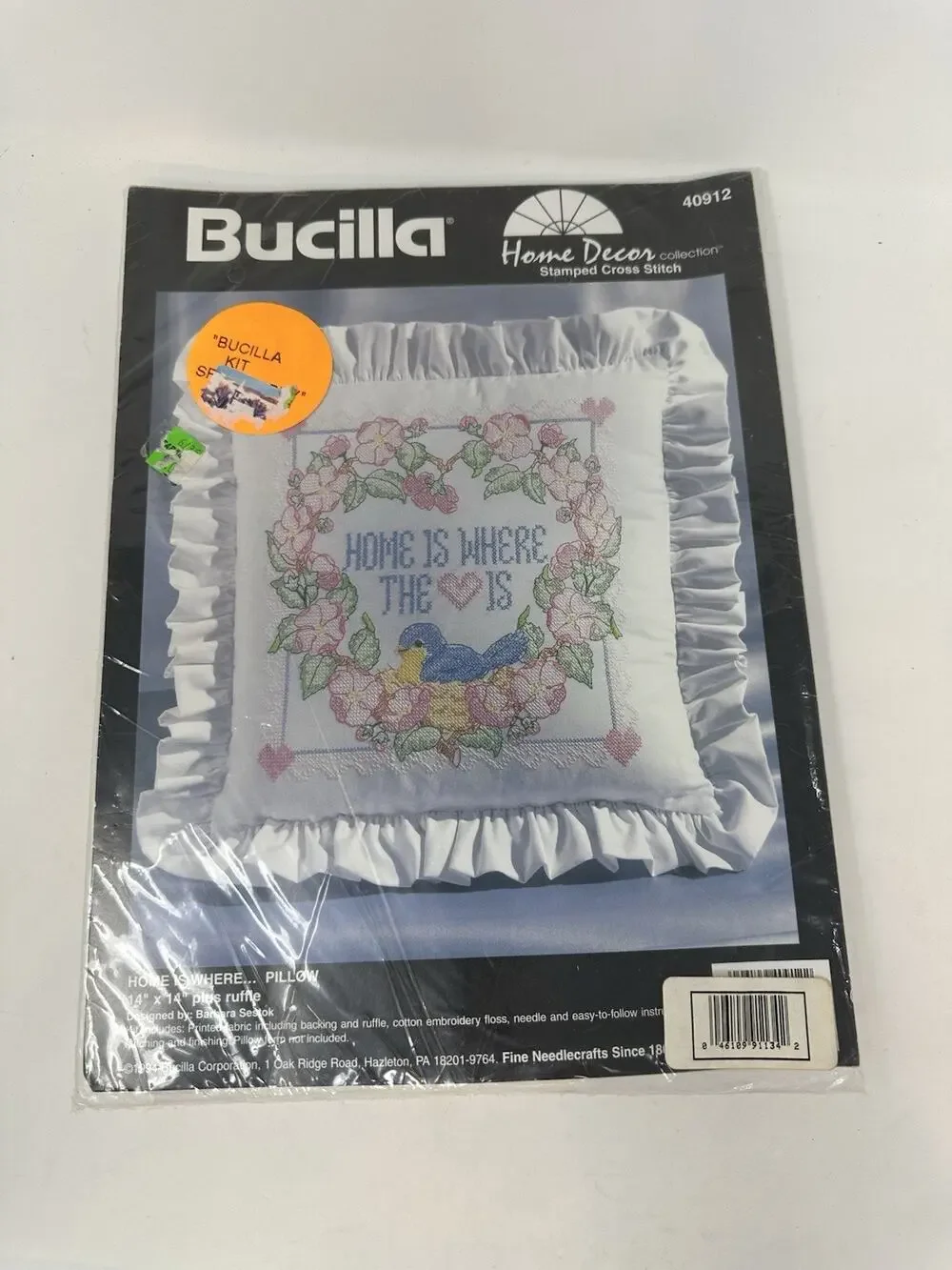 Bucilla Stamped Cross Stitch Kit Home is Where the Heart Is Pillow Ruffle 40912